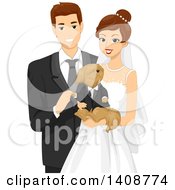 Poster, Art Print Of Happy Wedding Couple Holding Their Dog