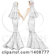 Poster, Art Print Of Rear View Of Sketched Caucasian Lesbian Brides Holding Hands