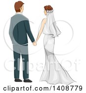 Poster, Art Print Of Sketched Newlywed Couple Holding Hands Rear View