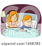 Poster, Art Print Of Cartoon Caucasian Couple In Bed The Man Asleep The Woman Awake