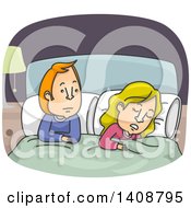 Cartoon Caucasian Couple In Bed The Woman Asleep The Man Awake