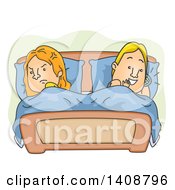 Clipart Of A Cartoon Caucasian Couple In Bed The Woman Angry At The Man Talking On A Cell Phone Royalty Free Vector Illustration
