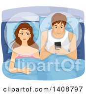 Caucasian Couple In Bed The Woman Angry At The Man Texting On A Cell Phone
