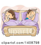 Poster, Art Print Of Cartoon Caucasian Couple In Bed The Man Angry At The Woman Talking On A Cell Phone