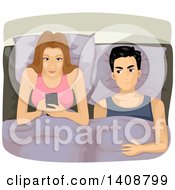 Caucasian Couple In Bed The Man Angry At The Woman Texting On A Cell Phone