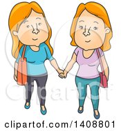 Cartoon Red Haired Caucasian Lesbian Couple Holding Hands