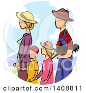Sketched Farmer Family Walking With A Chicken