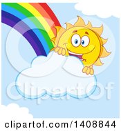 Poster, Art Print Of Yellow Summer Time Sun Character Mascot With A Rainbow