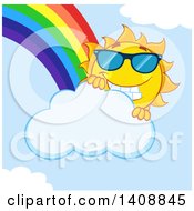 Poster, Art Print Of Yellow Summer Time Sun Character Mascot Wearing Shades With A Rainbow