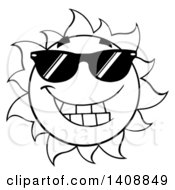 Clipart Of A Black And White Summer Time Sun Character Mascot Wearing Shades Royalty Free Vector Illustration by Hit Toon