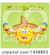 Clipart Of A Yellow Summer Time Sun Character Mascot Wearing A Mexican Sombrero Hat And Playing Maracas With Cinco De Mayo Text On Green Royalty Free Vector Illustration by Hit Toon
