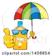 Bottle Of Sun Block Mascot Wearing Shades Holding An Umbrella And Giving A Thumb Up