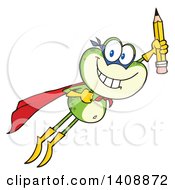 Clipart Of A Super Hero Frog Character Flying With A Pencil Royalty Free Vector Illustration by Hit Toon