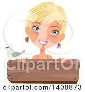 Poster, Art Print Of Caucasian Woman With Short Blond Hair Smiling Over A Wood Sign With A Seagull