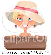 Poster, Art Print Of Caucasian Woman With Short Blond Hair Wearing A Summer Hat Over A Wood Sign