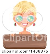 Poster, Art Print Of Caucasian Woman With Short Blond Hair Wearing Sunglasses Over A Wood Sign