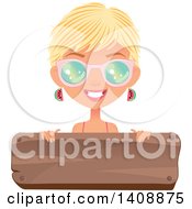 Clipart Of A Caucasian Woman With Short Blond Hair Wearing Sunglasses Over A Wood Sign Royalty Free Vector Illustration by Melisende Vector
