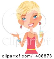 Poster, Art Print Of Caucasian Woman With Short Blond Hair Presenting And Holding A Cocktail