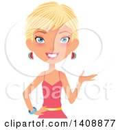 Clipart Of A Presenting Caucasian Woman With Short Blond Hair Royalty Free Vector Illustration