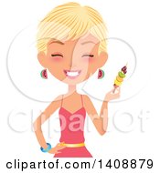 Caucasian Woman With Short Blond Hair Holding Fruit On A Kebab
