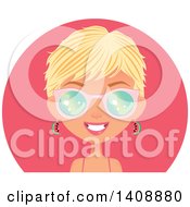 Clipart Of A Caucasian Woman With Short Blond Hair Wearing Watermelon Earrings And Sunglasses Over A Pink Circle Royalty Free Vector Illustration