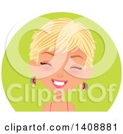 Clipart Of A Laughing Caucasian Woman With Short Blond Hair Wearing Watermelon Earrings Over A Green Circle Royalty Free Vector Illustration