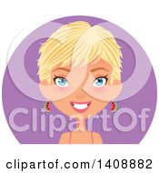 Clipart Of A Caucasian Woman With Short Blond Hair Wearing Watermelon Earrings Over A Purple Circle Royalty Free Vector Illustration