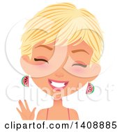 Clipart Of A Caucasian Woman With Short Blond Hair Wearing Watermelon Earrings And Waving Royalty Free Vector Illustration