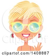 Clipart of a Waving Caucasian Woman with Short Blond Hair Wearing Watermelon Earrings and Sunglasses - Royalty Free Vector Illustration by Melisende Vector #COLLC1408887-0068