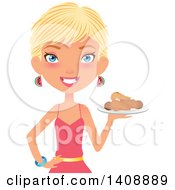 Caucasian Woman With Short Blond Hair Holding A Plate Of Fried Chicken