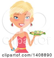 Poster, Art Print Of Caucasian Woman With Short Blond Hair Holding A Salad Plate