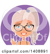 Clipart Of A Pastel Pink Haired Geek Caucasian Woman Wearing Glasses Over A Purple Circle Royalty Free Vector Illustration by Melisende Vector