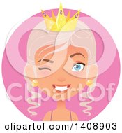 Poster, Art Print Of Winking Pastel Pink Haired Caucasian Woman Wearing A Crown Over A Pink Circle