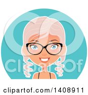 Clipart Of A Pastel Pink Haired Geek Caucasian Woman Wearing Glasses Over A Blue Circle Royalty Free Vector Illustration