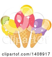 Trio Of Waffle Ice Cream Cones Garnished With Fruit