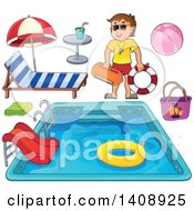 Poster, Art Print Of Cartoon Caucasian Male Lifeguard Pool And Accessories