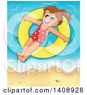 Poster, Art Print Of Happy Brunette Caucasian Girl Floating On An Inner Tube On A Beach