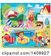 Poster, Art Print Of Cartoon Caucasian Male Lifeguard Supervising Children At A Swimming Pool