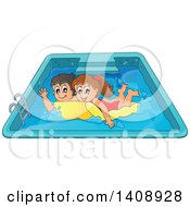 Poster, Art Print Of Caucasian Boy And Girl Playing On A Floating Mattress In A Swimming Pool