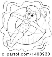Poster, Art Print Of Black And White Lineart Happy Girl Floating On An Inner Tube