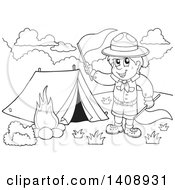 Poster, Art Print Of Black And White Lineart Camping Scout Boy Waving Red Flags