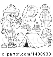 Poster, Art Print Of Black And White Lineart Scout Girl With Camping Gear