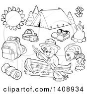 Poster, Art Print Of Black And White Lineart Scout And Camping Gear
