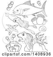 Poster, Art Print Of Black And White Lineart Sea Creatures