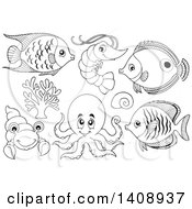 Clipart Of Black And White Lineart Sea Creatures Royalty Free Vector Illustration by visekart