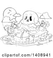 Clipart Of A Black And White Lineart Skull Mountain Tropical Island Royalty Free Vector Illustration