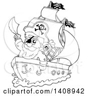 Poster, Art Print Of Black And White Lineart Pirate Captain On A Ship
