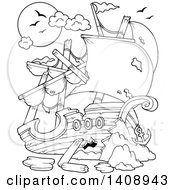 Poster, Art Print Of Black And White Lineart Wrecked Pirate Ship