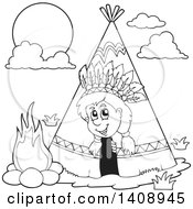 Black And White Lineart Happy Native American Boy Peeking Out Of A Tepee