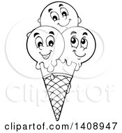 Poster, Art Print Of Black And White Lineart Waffle Ice Cream Cone With Scoop Characters